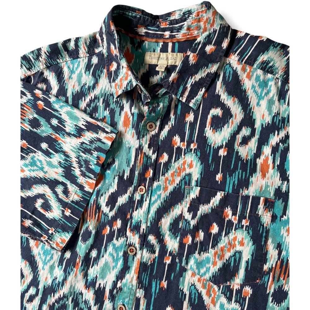 Territory Ahead Mens XL Ikat Print Linen Blend Short Sleeve Button Down Shirt